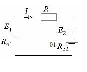 Определить ток I в электрической цепи постоянного тока, а также диапазон изменения сопротивления резистора R для зарядки аккумуляторной батареи до эдс E<sub>2</sub> = 16 B в конце зарядки при неизменном токе нагрузки цепей. Сопротивление резистора R = 4 Ом; эдс генератора E<sub>1</sub> = 36 B; внутреннее сопротивление R<sub>01</sub> = 0,3 Ом. Электродвижущая сила аккумуляторной батареи в начале зарядки E<sub>2</sub> = 12 B; ее внутреннее сопротивление R<sub>02</sub> = 0,01 Ом. Задачу решить методом наложения.
