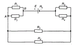 Задача 2. В цепи со смешанным соединением сопротивлений (рис. 65) R1 = 4 Ом, R2 = 11 Ом, R3 = 42 Ом, R4 = 55 Ом, R5 = 14 Ом, R6 = 18 Ом, R0 = 1,5 Ом, U2 = UAB = 13 В.  <br />Определить токи напряжения и мощности каждого участка цепи и всей цепи. Составить баланс мощностей. Определить ЭДС Е. <br /> <b>Вариант 17</b>