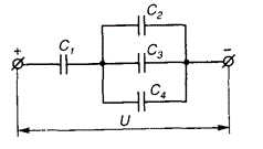 В цепи (рис. 67) С1 = 5 пФ, С2 = 0,8 пФ, С3 = 4 пФ, С4 = 2,3 пФ, U2 = 18 В.  <br />Определить эквивалентную емкость цепи. 