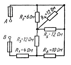 Цепь постоянного тока содержит шесть резисторов, соединенных смешанно. Схема цепи и значения резисторов указаны на соответствующем рисунке. Номер рисунка и величина одного из заданных токов или напряжений приведены в таблице 1. Индекс тока или напряжения совпадает с индексом резистора, по которому проходит этот ток или на котором действует указанное напряжение. Например, через резистор R5 проходит ток I5 и на нем действует напряжение U5.  Определить: 1) эквивалентное сопротивление цепи относительно вводов АВ; 2) ток в каждом резисторе; 3) напряжение на каждом резисторе; 4) расход электрической энергии цепью за 10 ч.  <br /><b>Вариант 10</b><br /> Дано: <br />Номер рисунка 5 <br />U6 = 48 В