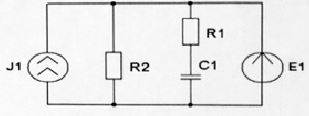 Е1 = 230 В, J1 = 80 мА, R1 = Xc = 1 кОм, R2 = 2 кОм<br /> Методом наложения определить ток в ветви с сопротивлением R2