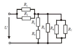 Определить токи через все резисторы.  <br /><b> Вариант 9  </b><br />Дано: U = 150 В <br />R1 = 6 Ом, R2 = 4 Ом, R3 = 7 Ом, R4 = 4 Ом, R5 = 6 Ом, R6 = 5 Ом, R7 = 12 Ом