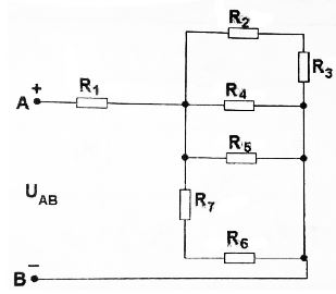 Цепь постоянного тока содержит резисторы, соединенные смешано. Определить токи во всех элементах, напряжение на всех элементах схемы, мощность, потребляемую всей цепью, и расход электрической энергии за 10 часов работы. Расчет производить методом «свертывания». <br /><b>Вариант 10 </b> <br /> Дано: I5 = 3 А <br />R1 = 4 Ом, R2 = 1 Ом, R3 = 1 Ом, R4 = 6 Ом, R5 = 5 Ом, R6 = 10 Ом, R7 = 2 Ом.