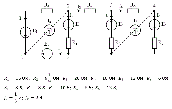 1. Рассчитать ток в одной из ветвей методом эквивалентных преобразований.<br />2. Рассчитать токи ветвей по законам Кирхгофа.<br />3. Построить потенциальную диаграмму для одного из контуров.<br />4. Рассчитать баланс мощностей.<br />5. Рассчитать токи ветвей методом контурных токов.<br />6. Рассчитать токи ветвей методом узловых потенциалов.<br />7. Рассчитать ток в одной из ветвей методом эквивалентного генератора. Меняя сопротивление выбранной ветви, построить график: P(Rk )=f(Rk) 	<br />8. Собрать схему в программе Multisim и измерить токи.  <br />9. Составить таблицу с расчетными данными