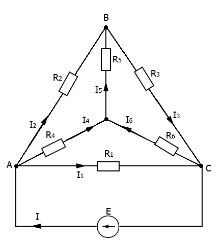 В схеме цепи заданы ЭДС Е = 20 В и резисторы с сопротивлениями R1 = 4 Ом, R2 = 1 Ом, R3 = 1 Ом, R4 = 2 Ом, R5 = 4 Ом, R6 = 5 Ом. <br />Определить токи ветвей. <br />Расчет токов целесообразно осуществлять, преобразуя предварительно звезду R4-R5-R6 в треугольник.