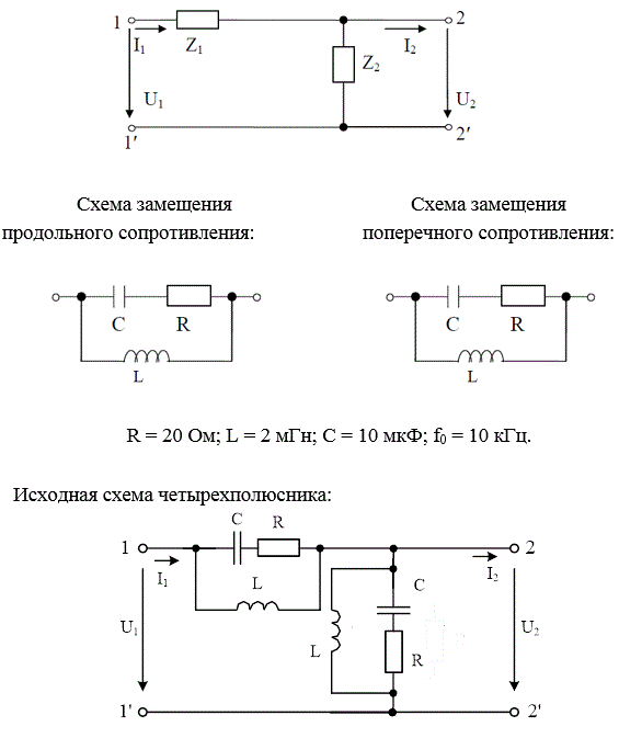 На рисунке представлена Г-образная эквивалентная схема четырехполюсника (ЧП), где Z1 – продольное сопротивление, Z2 – поперечное сопротивление. <br />Выполнить следующее: <br />1) начертить исходную схему ЧП; <br />2) свести полученную схему ЧП к Г-образной эквивалентной схеме ЧП, заменив трехэлементные схемы замещения продольного и поперечного сопротивлений двухэлементными схемами: Z1 = R1 ± jX1, Z2 = R2 ± jX2. Дальнейший расчет вести для эквивалентной схемы; <br />3) определить коэффициенты А - формы записи уравнений ЧП: <br />а) записывая уравнения по законам Кирхгофа; <br />б) используя режимы холостого хода и короткого замыкания; <br />4) определить сопротивления холостого хода и короткого замыкания со стороны первичных (11’) и вторичных выводов (22’): <br />а) через А–параметры; <br />б) непосредственно через продольное и поперечное сопротивления для режимов холостого хода и короткого замыкания на соответствующих выводах; <br />5) определить характеристические сопротивления для выводов 11’ и 22’ и постоянную передачи ЧП; <br />6) определить комплексный коэффициент передачи по напряжению и передаточную функцию ЧП.<br /> Вариант 155