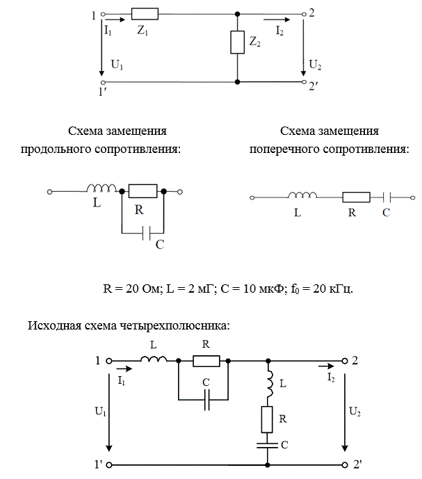 На рисунке представлена Г-образная эквивалентная схема четырехполюсника (ЧП), где Z1 – продольное сопротивление, Z2 – поперечное сопротивление. <br />Выполнить следующее: <br />1) начертить исходную схему ЧП; <br />2) свести полученную схему ЧП к Г-образной эквивалентной схеме ЧП, заменив трехэлементные схемы замещения продольного и поперечного сопротивлений двухэлементными схемами: Z1 = R1 ± jX1, Z2 = R2 ± jX2. Дальнейший расчет вести для эквивалентной схемы; <br />3) определить коэффициенты А - формы записи уравнений ЧП: <br />а) записывая уравнения по законам Кирхгофа; <br />б) используя режимы холостого хода и короткого замыкания; <br />4) определить сопротивления холостого хода и короткого замыкания со стороны первичных (11’) и вторичных выводов (22’): <br />а) через А–параметры; <br />б) непосредственно через продольное и поперечное сопротивления для режимов холостого хода и короткого замыкания на соответствующих выводах; <br />5) определить характеристические сопротивления для выводов 11’ и 22’ и постоянную передачи ЧП; <br />6) определить комплексный коэффициент передачи по напряжению и передаточную функцию ЧП.<br /> Вариант 161