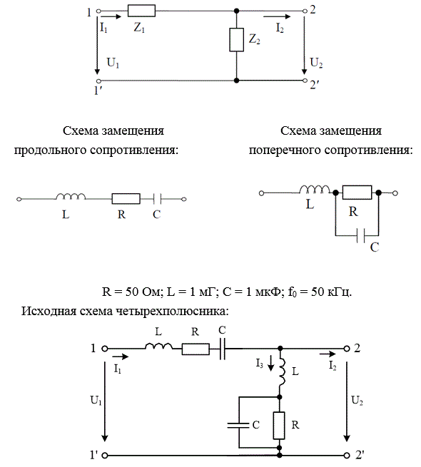 На рисунке представлена Г-образная эквивалентная схема четырехполюсника (ЧП), где Z1 – продольное сопротивление, Z2 – поперечное сопротивление. <br />Выполнить следующее: <br />1) начертить исходную схему ЧП; <br />2) свести полученную схему ЧП к Г-образной эквивалентной схеме ЧП, заменив трехэлементные схемы замещения продольного и поперечного сопротивлений двухэлементными схемами: Z1 = R1 ± jX1, Z2 = R2 ± jX2. Дальнейший расчет вести для эквивалентной схемы; <br />3) определить коэффициенты А - формы записи уравнений ЧП: <br />а) записывая уравнения по законам Кирхгофа; <br />б) используя режимы холостого хода и короткого замыкания; <br />4) определить сопротивления холостого хода и короткого замыкания со стороны первичных (11’) и вторичных выводов (22’): <br />а) через А–параметры; <br />б) непосредственно через продольное и поперечное сопротивления для режимов холостого хода и короткого замыкания на соответствующих выводах; <br />5) определить характеристические сопротивления для выводов 11’ и 22’ и постоянную передачи ЧП; <br />6) определить комплексный коэффициент передачи по напряжению и передаточную функцию ЧП.<br /> Вариант 416