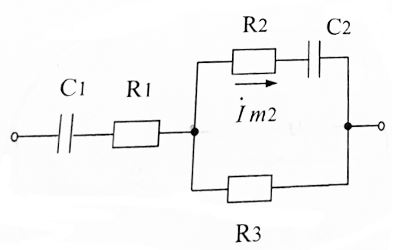 <b>Расчёт цепей при гармоническом воздействии</b>  <br />Линейный двухполюсник работает в установившемся режиме при гармоническом воздействии.  <br />Задана амплитуда тока в одной из ветвей или амплитуда напряжения на одном из элементов. Круговая частота воздействия 1000 рад/с.  <br />В задаче требуется:  <br />а) рассчитать комплексные амплитуды токов во всех ветвях и напряжений на всех элементах, а также напряжение на зажимах двухполюсника;  <br />б) рассчитать входное комплексное сопротивление двухполюсника на данной частоте;  <br />в) рассчитать полную, активную и реактивную мощности на зажимах двухполюсника;  <br />г) построить векторную диаграмму токов и напряжений.  <br /><b>Вариант 0 подвариант 0</b> <br />Дано: R1 = 500 Ом, R2 = 750 Ом, R3 = 3000 Ом, С1 = 0.5 мкФ, С2 = 0.3 мкФ <br />Im2 = 0.02 A