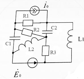 Дана схема сложной электрической цепи. В задаче требуется: <br />а) методом узловых напряжений рассчитать комплексную амплитуду напряжения на емкости С2; <br />б) методом контурных токов рассчитать комплексную амплитуду тока в индуктивности L1; <br />в) полагая сопротивление R3 нагрузкой, методом эквивалентного источника напряжения найти ток в этом сопротивлении. <br /><b>Вариант 0 подвариант 0 </b> <br /> Дано: R1 = 1000 Ом, R2 = 900 Ом, R3 = 800 Ом <br />L1 = 1.0 Гн, L2 = 0.8 Гн <br />С1 = 1.0 мкФ, С2 = 1.2 мкФ <br />E0 = 100 В <br />I0 = 0.1 A