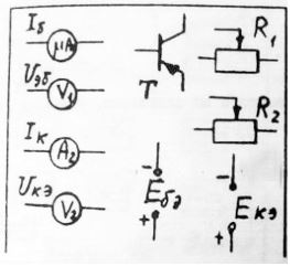 Составить схему для снятия характеристик транзистора из элементов, указанных на рисунке. <br />Объяснить назначение элементов и принцип работы схемы.