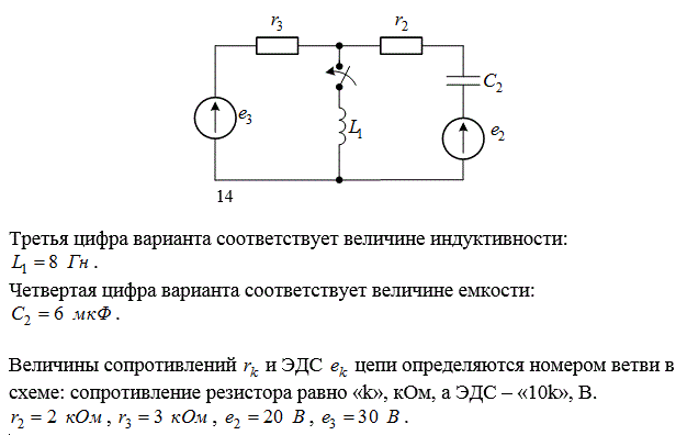 <b>Расчет переходных процессов в линейных электрических цепях</b><br />Для электрической цепи, соответствующей заданному варианту, выполнить следующее: <br />1.	Составить полную систему уравнений Кирхгофа для мгновенных значений токов и напряжений, записать уравнения связи между i и u  для всех элементов цепи, рассчитать независимые начальные условия.  <br />2.	Используя уравнения п.1, рассчитать классическим методом ток в индуктивности iL(t)  или напряжение на емкости uC(t)  – в зависимости от варианта задания. <br />3.	Используя найденный в п.2 ток (напряжение) и законы Кирхгофа, найти напряжение (ток) на резисторе в ветви, не содержащей реактивных элементов. <br />4.	Построить график найденных тока и напряжения. <br />5.	Составить операторную схему замещения цепи и расчетную систему уравнений для изображений токов, записать в общем виде операторные выражения напряжений на реактивных элементах цепи.<br /><b> Вариант 14.868</b>
