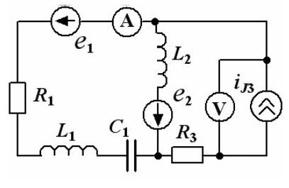 Для заданной схемы составить уравнения по законам Кирхгофа во временной и комплексной формах. Рассчитать токи и определить показания приборов. Построить векторную диаграмму токов для одного из узлов. <br />В ответе указать значения токов в комплексной и во временной формах. <br />Единицы измерения: e [В], i [A], L [мГн], C [мкФ]   <br />Дано:  <br />E1 = -j30, E2 = -10, J3 = -0.6  <br />R1 = 20, L1 = 10, C1 = 100, L2 = 10, R3 = 30 <br />ω = 1000 рад\с