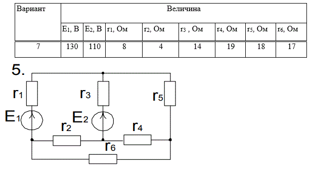 <b>ЗАДАЧА 2. Расчет разветвленной цепи постоянного тока с несколькими источниками энергии.  </b><br />Для разветвленной электрической цепи, представленной на рис. 2.2, требуется: <br /> – на основе законов Кирхгофа составить уравнения для определения токов (решать систему уравнений не следует); <br /> – определить токи в ветвях схемы методом контурных токов;  <br />– определить режимы работы активных ветвей и составить баланс мощностей.  <br />Значения ЭДС источников и сопротивлений резисторов приводятся в табл. 2.2. <br /><b>Схема 5 данные 7</b>