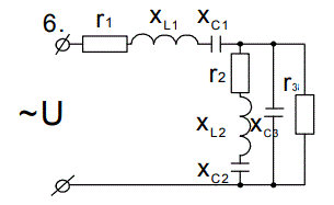 <b>ЗАДАЧА 4. Расчет разветвленной цепи синусоидального переменного тока</b><br />  В цепи переменного тока, представленной на рис. 2.6, заданы параметры включенных в нее элементов, действующее значение и начальная фаза ψU напряжения, а также частота питающего напряжения f = 50 Гц (табл. 2.4). <br />Требуется:  <br />1) записать сопротивления ветвей цепи в комплексной форме;  <br />2) определить действующее значение тока в ветвях и в неразветвленной части цепи комплексным методом;  <br />3) записать выражения для мгновенных значений напряжения на участке цепи с параллельным соединением и токов в ветвях;  <br />4) построить векторную диаграмму;  <br />5) определить активную, реактивную и полную мощности, потребляемые цепью из сети;  <br />6) составить баланс мощности. <br /><b>Вариант 65 (схема 6 данные 5)</b>   <br />Дано: U = 220 В, ψu = 75°, R1 = 4 Ом, XL1 = 2 Ом, XC1 = 5 Ом, R2 = 12 Ом, XL2 = 4 Ом, XC2 = 13 Ом, R3 = 9 Ом, XC3 = 8 Ом