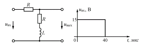 Дано: схема и график сигнала на ее входе <br /> R = 1 кОм, L = 12 мГн.   Найти: АЧХ H(ω)  и спектральные плотности амплитуд  U<sub>вх</sub>(ω), U<sub>вых</sub>(ω). Построить графики найденных функций в зависимости от частоты f  в кГц.