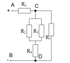 Цепь постоянного тока содержит резисторы, соединенные смешанно. Схема цепи с указанием резисторов приведена на рис.1. Всюду индекс тока или напряжения совпадает с индексом резистора, по которому проходит этот ток или на котором действует это напряжение. Например, через резистор R<sub>3</sub> проходит ток I<sub>3</sub> и на нем действует напряжение U<sub>3</sub>. <br /> Дано:  I<sub>2</sub> = 3,75 А, R<sub>1</sub> = 2 Ом, R<sub>2</sub> = 4 Ом, R<sub>3</sub> = 12 Ом, R<sub>4</sub> = 3 Ом, R<sub>5</sub> = 6 Ом. <br /> Определить I<sub>5</sub>, мощность, потребляемую всей цепью, и расход электрической энергии цепью за 8 часов работы