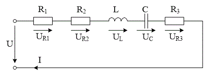 <b>Задача 1.1 Расчет неразветвленной цепи синусоидального тока.</b> <br />На рисунке представлена неразветвленная электрическая цепь.   Исходные данные приведены в таблице:<br /><b> Вариант 5</b><br />R1=12 Ом; R2=10 Ом; L=0.0318 Гн; С=159 мкФ; R3=6 Ом; U<sub>R1</sub>=120 В. <br />Необходимо: <br />1. Составить комплексное уравнение сопротивлений, построить диаграмму сопротивлений. <br />2. Составить комплексное уравнение напряжений, построить векторную диаграмму напряжений. Записать полное напряжение цепи в алгебраической и показательной формах.  <br />3. Составить комплексное уравнение мощности, построить диаграмму мощности. Рассчитать P, Q, S, cosφ. <br />4. Записать уравнение для напряжения и тока всей цепи в функции времени. На одном рисунке построить графики напряжения и тока i=f(ωt), u=f(ωt), f=50 Гц, ψi=0.