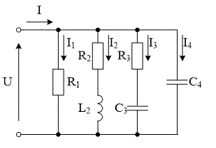 <b>Задача 1.2 Расчет разветвленной цепи синусоидального тока. </b><br />На рисунке представлена разветвленная электрическая цепь.   <br />Исходные данные приведены в таблице:<br /><b>Вариант 5</b><br /> R1=25 Ом; R2=12 Ом; X<sub>L2</sub>=16 Ом;R3=3 Ом; X<sub>С3</sub>=4 Ом;   X<sub>С4</sub>=25 Ом; U = 100 B. <br />Необходимо: <br />1. Составить комплексное уравнение проводимостей. Построить диаграмму проводимостей. <br />2. Составить комплексное уравнение токов, построить векторную диаграмму токов. Записать ток на входе цепи в алгебраической и показательной формах.  <br />3. Составить комплексное уравнение мощности, построить диаграмму мощности. Рассчитать P, Q, S, cosφ. <br />4. Записать уравнения для напряжения и тока на входе полюсника в функции времени. На одном рисунке построить графики напряжения и тока i=f(ωt), u=f(ωt), f=50 Гц, ψU=0.