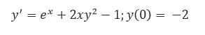 Найти три первых значащих члена разложения в степенной ряд решения дифференциального уравнения с заданным начальным условием <br /> y'=e<sup>x</sup>+2xy<sup>2</sup>-1; y(0)= -2