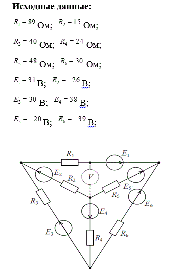 1) Определить токи в ветвях, с помощью уравнений, составленных по законам Кирхгофа; <br />2) Составить уравнение баланса мощностей; <br />3) Определить показания вольтметра; <br />4) Определить ток I1 в ветви c сопротивлением R1 по методу эквивалентного генератора и построить график зависимости I1 = f(R) при изменении R < R1 < 10R.<br /> <b>Вариант 4</b>