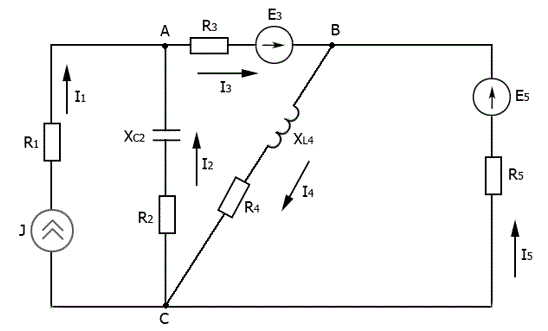 Необходимо: <br />1) определить потенциалы всех точек цепи и построить векторную топографическую диаграмму напряжений и токов <br />2) ток I2 найти методом наложения <br />3) записать мгновенные значения токов ветвей и напряжение на источнике тока   <br />Дано:  <br />R1 = 78 Ом, R2 = 58 Ом, R3 = 78 Ом, R4 = 58 Ом, R5 = 78 Ом <br />С2 = 208 мкФ, L4 = 108 мГн  = 0.108 Гн  <br />E3=150e<sup>j30°</sup>  В<br /> E5=200e<sup>j45°</sup>  В<br /> J=3e<sup>j45°</sup>  А