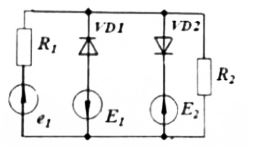 Найти токи в ветвях с диодами и напряжение на втором резистора, если R<sub>1</sub> = 40 Ом, R<sub>2</sub> = 80 Ом, Е<sub>1</sub> = 20 В, E<sub>2</sub> = 40 В, e<sub>1</sub>(t) = 100sin(2500t) B