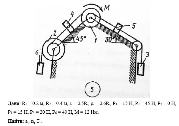 <b>Задача D2</b><br /> Механическая система включает два ступенчатых шкива 1, 2, обмотанных нитями, грузы 3, 4, 5, 6, прикрепленные к этим нитям, и невесомый блок, предназначенный для изменения направления нити. Система движется в вертикальной плоскости под действием сил тяжести грузов и пары сил с моментов M, приложенным к одному из шкивов. <br />Радиусы внешних ступеней шкивов R1 и R2, веса шкивов P1, P2 и грузов P3, P4, P5, P6, а также величина момента M для конкретных вариантов задачи приведены в табл. D2. Радиусы внутренних ступеней шкивов ri=0.5Ri (i=1,2). Радиусы инерции шкивов относительно осей вращения ρi=0.6Ri. <br />Пренебрегая силами трения и считая нити нерастяжимыми, определить: <br />- линейные ускорения грузов; <br />- угловые ускорения шкивов; <br />- силы натяжения нитей на участках между грузами и шкивами.