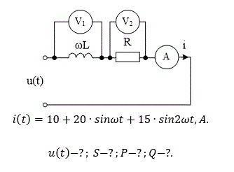 Найдите показания приборов электромагнитной и магнитоэлектрической систем, если ωL=R=10 Ом.