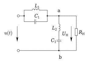 К цепи приложено напряжение u(t), содержащее 1-ю, 3-ю и 5-ю гармоники (ω1 = 10<sup>3</sup> 1/с). <br />Подобрать параметры конденсаторов C1 и C2 такими, чтобы в нагрузку не проходили 3-я и 5-я гармоники. <br />R<sub>Н</sub> = 80 Ом<br /> L1 = L2 = 10 мГн <br />Определить, каким будет при этом отношение U<sub>Н</sub>/UВХ<sub>K=1</sub> =?