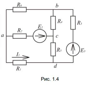 Для электрической цепи выполнить следующее:  <br />1) Составить на основании законов Кирхгофа систему уравнений для определения токов во всех ветвях схемы;  <br />2) Определить токи во всех ветвях схемы, используя метод контурных токов;  <br />3) Определить токи во всех ветвях схемы методом узловых потенциалов;  <br />4) Результаты расчета токов, проведенного двумя методами, свести в таблицу и сравнить между собой:  <br />5) Составить баланс мощностей в исходной схеме, вычислив суммарную мощность источников и суммарную мощность нагрузок (сопротивлений);  <br />6) Определить ток I1 в заданной по условию схеме, используя теорему об активном двухполюснике и эквивалентном генераторе;  <br />7) Построить потенциальную диаграмму для любого замкнутого контура, включающего обе ЭДС. <br /><b>Вариант 94</b> <br />Дано: Рисунок 1.4   <br />R1 = 30 Ом, R2 = 87 Ом, R3 = 55 Ом, R4 = 15 Ом, R5 = 25 Ом, R6 = 37 Ом<br /> Е2 = 15 В, Е3 = 30 В