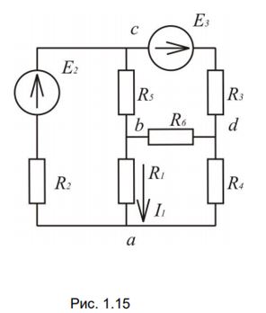 Для электрической цепи выполнить следующее:  <br />1) Составить на основании законов Кирхгофа систему уравнений для определения токов во всех ветвях схемы;  <br />2) Определить токи во всех ветвях схемы, используя метод контурных токов;  <br />3) Определить токи во всех ветвях схемы методом узловых потенциалов;  <br />4) Результаты расчета токов, проведенного двумя методами, свести в таблицу и сравнить между собой:  <br />5) Составить баланс мощностей в исходной схеме, вычислив суммарную мощность источников и суммарную мощность нагрузок (сопротивлений);  <br />6) Определить ток I1 в заданной по условию схеме, используя теорему об активном двухполюснике и эквивалентном генераторе;  <br />7) Построить потенциальную диаграмму для любого замкнутого контура, включающего обе ЭДС. <br /><b>Вариант 61</b> <br />Дано: Рисунок 1.15   <br />E2 = 20 B, E3 = 24 B, <br />R1 = 26 Ом, R2 = 10 Ом, R3 = 18 Ом, R4 = 14 Ом, R5 = 20 Ом, R6 = 8 Ом 