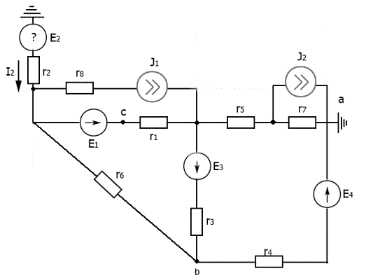 Для сложной цепи постоянного тока требуется: <br />1.	Определить неизвестные токи и ЭДС во всех ветвях методом контурных токов и методом узловых потенциалов. <br />2.	Составить необходимое число уравнений по законам Кирхгофа,  проверив их выполнение по результатам расчета из п.1 <br />3.	Составить баланс мощностей. <br />4.	Определить напряжения Uab и Ubc <br />5.	Методом эквивалентного генератора определить ток I1 для ветви, содержащей R1. Определить величину ЭДС, дополнительное включение которой в данную ветвь приведет к изменению направления тока I1. <br />6.	По результатам расчета п. 5 определить значение сопротивления в первой ветви, при котором в нем выделялась бы максимальная мощность Pmax. Определить величину Pmax <br />7.	Определить линейную зависимость тока I3 в третьей ветви от напряжения U1 первой ветви при изменении сопротивления R1 и неизменных остальных параметрах цепи. Построить зависимость I3=f(U1). Из графика определить значения тока I3 при R1=0 <br />8.	Определить входную проводимость первой ветви и взаимную проводимость между первой и второй ветвями. <br />9.	Построить потенциальную диаграмму для внешнего контура.   <br /><b>Вариант 22, группа 4. </b><br />Дано:  R1 = 5 Ом, R2 = 1 Ом, R3 = 4 Ом, R4 = 1 Ом, R5 = 1 Ом, R6 = 2 Ом, R7 = 1 Ом, R8 = 1 Ом<br />  E1 = 88 В, E3 = 80 В, E4 = 136 В, J1 = 4 A, J2 = 12 A, I2 = 40 A