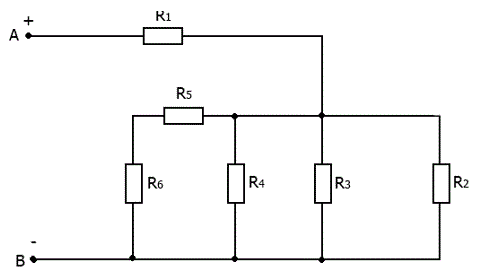 Задача 1. Цепь постоянного тока содержит несколько резисторов, соединенных смешанно. Схема цепи приведена на соответствующем рисунке. Номер рисунка, данные для решения задачи и величины, подлежащие определению, приведены в табл. 1. Всюду индекс тока или напряжения совпадает с индексом резистора, по которому проходит этот ток или на котором действует это напряжение. Например, через резистор R1 проходит ток I1 и на нем действует напряжение U1. Определить также мощность, потребляемую всей цепью, и расход электрической энергии за 8 часов работы. <br />Пояснить с помощью логических рассуждений характер изменения электрической величины, заданной в таблице вариантов (увеличится, уменьшится, останется без изменений), если один из резисторов замкнуть накоротко или выключить из схемы. Характер действия с резистором и его номер указаны в табл.1 При этом считать напряжение UAB неизменным. При трудностях логических пояснений ответа можно выполнить расчет требуемой величины в измененной схеме и на основании сравнения ее в двух схемах дать ответ на вопрос. <br />Дано: R1 = 4 Ом, R2 = 2 Ом, R3 = 6 Ом, R4 = 4 Ом, R5 = 10 Ом, R6 = 2 Ом <br />I1 = 12 А. <br />Найти: Все токи в ветвях, U6. <br />Рассмотреть изменение U3 при замыкании накоротко R1