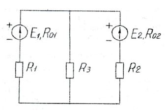 На рисунке изображена схема сложной электрической цепи. ЭДС источников энергии Е1, Е2, их внутренние сопротивления R01, R02, сопротивления резисторов R1, R2, R3.  Начертить схему цепи, показав направления токов в ветвях.  Определить токи I1, I2, I3 в ветвях цепи методом узловых и Контурных уравнений (при помощи первого и второго законов Кирхгофа).  <br />Проверить решение методом узлового напряжения.  <br />Составить уравнение баланса мощностей.  <br /><b>Задача 12</b><br /> E1=160 В; E2=174 В; <br />R01=0,2 Ом; R02=0,3 Ом; <br />R1=1,8 Ом; R2=2,7 Ом; R3=6 Ом. 