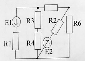 Определить токи в ветвях<br /><b>Вариант 5</b><br />Дано:<br />E1 = 11 В, E2 = 13 В<br />R1 = 7 Ом, R2 = 6 Ом, R3 = 5 Ом, R4 = 12 Ом, R5 = 10 Ом, R6 = 9 Ом