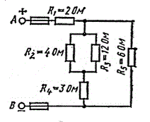 Цепь постоянного тока содержит несколько резисторов, соединенных смешанно. Определить величину эквивалентного сопротивления цепи, токи в ветвях и параметры, которые указаны в таблице. На схеме проставить направление токов в каждой ветви. Индекс тока совпадает с индексом резистора, по которому проходит этот ток. <br /><b>Вариант 1 </b> <br />Дано: Схема 1    <br />U = 100 В