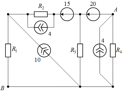 <b>Задача 1.  </b>Найти токи и напряжения в электрических цепях таблицы (1). Определить напряжение между выделенными на схеме точками A и B. Значения источников э.д.с. и источников тока указаны на схемах. Сопротивления R1=0.5 Ом, R2=0.3 Ом, R4=2 Ом. Сопротивление R3 равно сумме последних цифр зачетной книжки. Вариант равен двум последним цифрам зачетной книжки. Если вариант превышает 30 тогда необходимо отнять 30 от этой цифры до тех пор, пока не будет меньше 30. (Пример 2356975 №75 >30, тогда 75-30-30=15).  <br />Задачу решить: <br />1 законами Кирхгофа <br />2. методом контурных токов <br />3. методом узловых напряжений.<br /> <b>Вариант 5,в</b><br /> R3 = 5 Ом