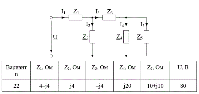 <b>Расчет линейной электрической цепи синусоидального тока комплексным методом</b><br />1	Рассчитать комплексные токи и напряжения в ветвях цепи. <br />2	Построить векторную диаграмму токов и топографическую диаграмму напряжений. Проверить выполнение законов Кирхгофа. <br />3	Найдите угол φ сдвига по фазе между напряжением на входе цепи U и током I. Определить характер цепи (активно-индуктивный или активно-емкостный). Рассчитать параметры последовательной и параллельной схем замещения двухполюсника. Рассчитать активные и реактивные составляющие комплексных тока и напряжения на входе двухполюсника. <br />4	Рассчитайте активную и реактивную мощности. Проверить баланс комплексных мощностей. <br />5	Построить графики мгновенных значений входного напряжения u(t) и входного тока i(t).<br /> <b>Вариант 22</b>