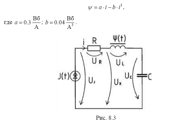 <b>Установившиеся режимы в нелинейных цепях переменного тока</b> <br /> Катушка с ферромагнитным сердечником, линейные резистор R = 22 Ом и конденсатор С = 25 мкФ, соединенные последовательно, подключены к источнику синусоидального тока j(t) = I<sub>m</sub>·sinωt = I<sub>m</sub>·sin400t (рис. 8.3). Веберамперная характеристика катушки задана степенным полиномом<br />Требуется проанализировать режим работы цепи: <br />1. Проверить, до какого значения тока справедлива предлагаемая аппроксимация веберамперной характеристики (помня о том , что магнитный поток катушки с ростом тока должен только возрастать). <br />2. Пользуясь методом гармонической линеаризации, найти амплитуду тока Im, при которой в цепи наступает резонанс напряжений. Если рассчитанная амплитуда окажется больше предельного тока для заданной аппроксимации, то рекомендуется изменить емкость конденсатора так, чтобы устранить это противоречие. <br />3. Для режима резонанса определить действующие значения напряжений на всех элементах цепи: резисторе, катушке, конденсаторе и источнике. Проверить выполнение баланса активной мощности в цепи.