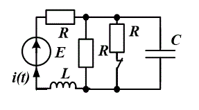 Дано: E=100 В; R=100 Ом; L=200 мГн; С=100 мкФ. <br />Определить: корни характеристического уравнения, время переходного процесса, а также записать в общем виде решение для тока i(t)  с учетом вида свободной составляющей.