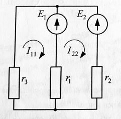 <b>Экзаменационная задача №32</b> <br />Определить токи во всех ветвях схемы методом контурных токов, если известны E1 = 120 В, E2 = 120 В, r1=r3=10 Ом, r2 = 20 Ом. Внутренние сопротивления источников не учитывать Составить баланс мощностей.