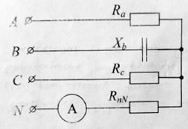Uф = 150 В <br />Ra = Xb = Rc = RnN = 25 Ом <br />1)	Рассчитать линейные токи <br />2)	Определить показание прибора.