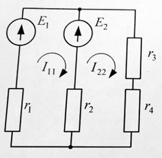 <b>Экзаменационная задача №4</b><br />Определить токи во всех ветвях схемы методом контурных токов, если известны: <br />E1 = 60 В, E2 = 60 В <br />r1 = r2 = 10 Ом<br /> r3 = r4 = 5 Ом <br />Внутренние сопротивления источников не учитывать <br />Составить баланс мощностей.