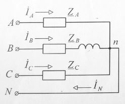 <b>Экзаменационная задача №32</b> <br />В схеме трехфазной цепи заданы линейное напряжение Uл = 380 В и комплексные сопротивления фаз нагрузки <u>Z<sub>A</sub></u> = 50 Ом, <u>Z<sub>B</sub></u> = 30+j40 Ом, <u>Z<sub>C</sub></u> = 60<br /> Требуется вычислить фазные токи I<sub>A</sub>, I<sub>B</sub>, I<sub>C</sub> и ток в нейтральном проводе I<sub>N</sub>; найти активную P и реактивную Q мощности трехфазной цепи. <br />Построить векторную диаграмму напряжений и токов.