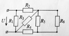 В электрической цепи рис. заданы напряжение источника U = 80 В и сопротивления резисторов R1 = 4 Ом, R2 = 1 Ом, R3 = 1 Ом, R4 = 2 Ом, R5 = 4 Ом, R6 = 5 Ом<br /> Решить задачу методом эквивалентных преобразований. Определить сопротивление цепи, токи во всех ветвях, напряжения на всех участках. 