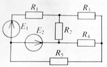 E1 = 20 В; Е2 = 30 В <br />R1 = 10 Ом; R2 = 15 Ом; R3 = R4 = 5 Ом; R5 = 6 Ом <br />Найдите ток в R4 методом узловых потенциалов.