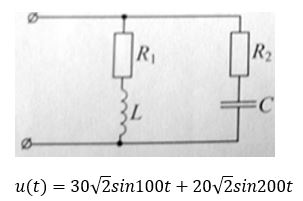 u(t)=30√2sin100t+20√2sin200t <br />R1 = 200 Ом, R2 = 120 Ом <br />L = 30 мГн <br />C = 10 мкФ <br />Найдите действующее значение тока в неразветвленной части цепи