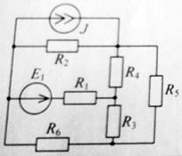 E1 = 10 В; J = 0.1 A <br />R1 = 6 Ом; R2 = 12 Ом; R3 = 7 Ом; R4 = 10 Ом; R5 = 20 Ом; R6 = 16 Ом <br />Найти ток в ветви E1-R1 методом эквивалентного генератора
