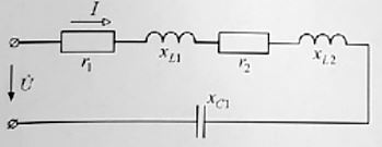 <b>Экзаменационная задача №7</b> <br />Сопротивления участков неразветвленной электрической цепи равны r1 = r2 = 6 Ом, XL1 = 15 Ом, XL2 = 15 Ом, XC1 = 14 Ом. Действующее значение синусоидального напряжения на зажимах цепи U = 220 В. <br />Определите комплексные значения тока I и мощности S; найдите комплексные напряжения на всех элементах цепи. <br />Постройте топографическую диаграмму.